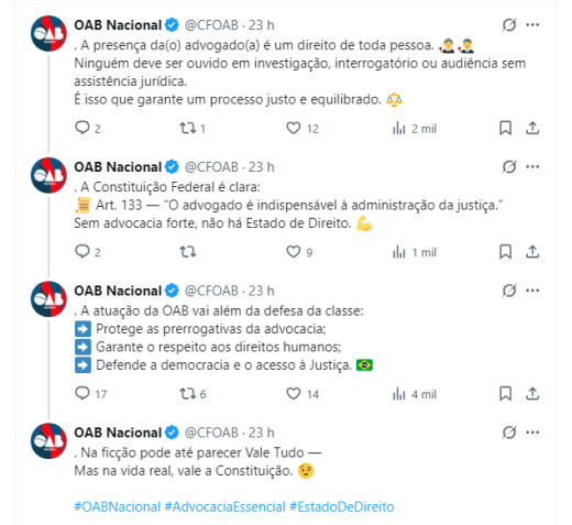 Ordem dos Advogados do Brasil explicou que, na vida real, é necessário que advogados acompanhem os depoimentos, ao contrário do que vem acontecendo em "Vale Tudo" • Reprodução/X