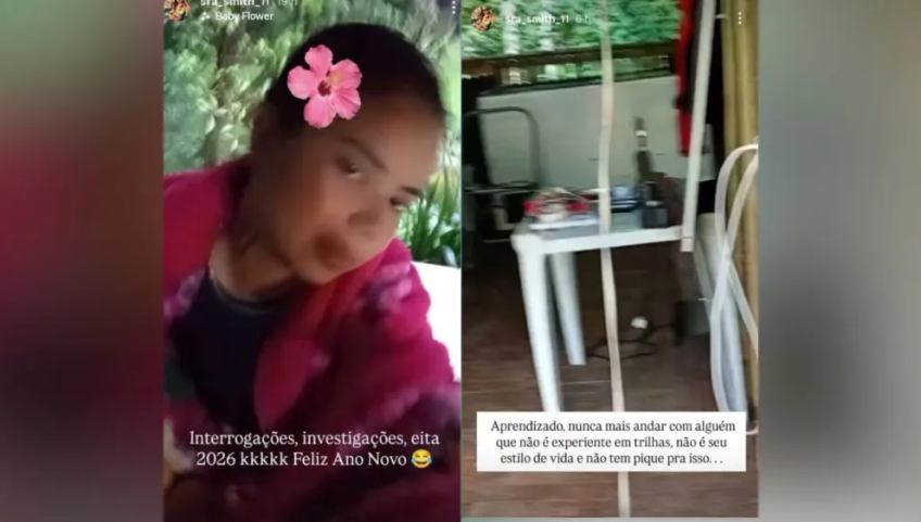 Quando as buscas por Roberto já tinham começado, em um story, ela publicou uma foto com uma frase: “Interrogações, investigações, eita 2026 kkkkk. Feliz Ano Novo” • Reprodução/Itatiaia