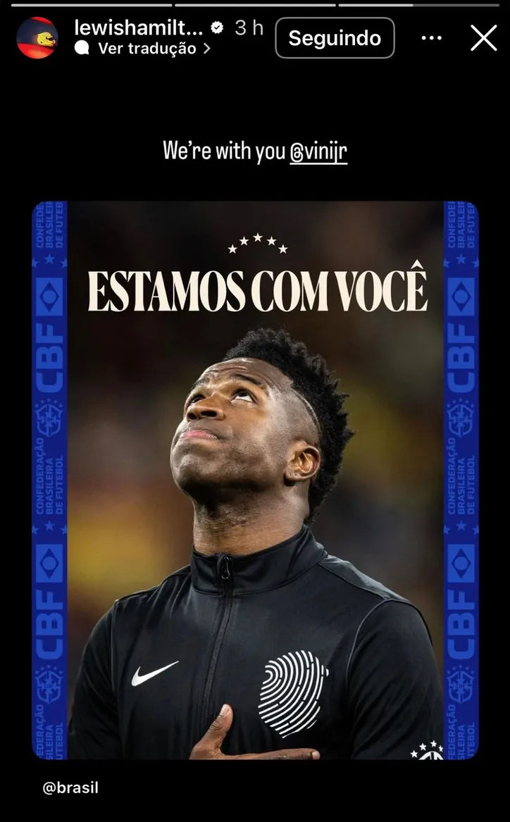 Postagem de Lewis Hamilton em apoio a Vinícius