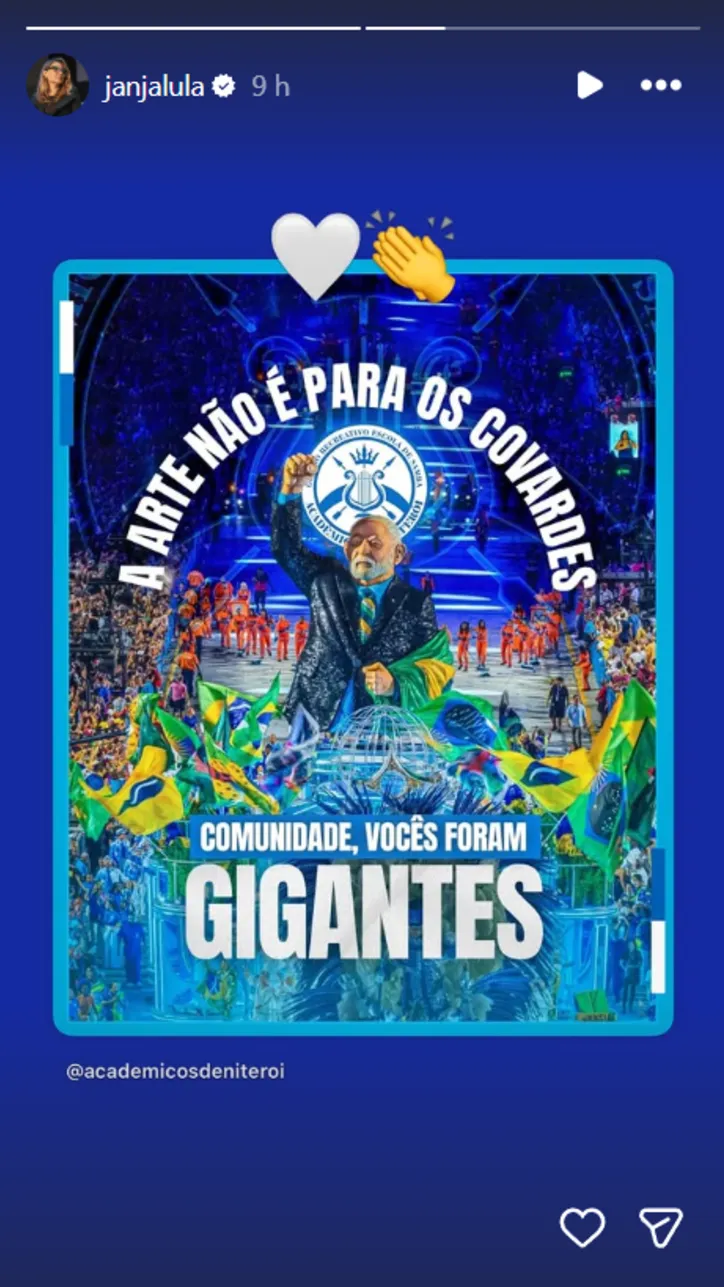 Imagem ilustrativa da imagem Janja reage a rebaixamento de escola que homenageou Lula no Rio