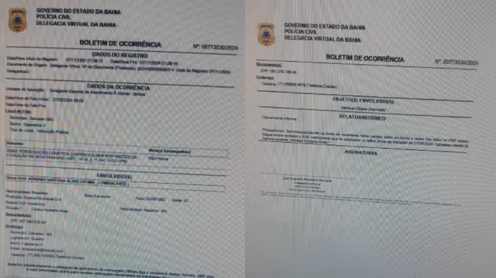 Boletim de ocorrência que Adriana registrou com o ex-namorado