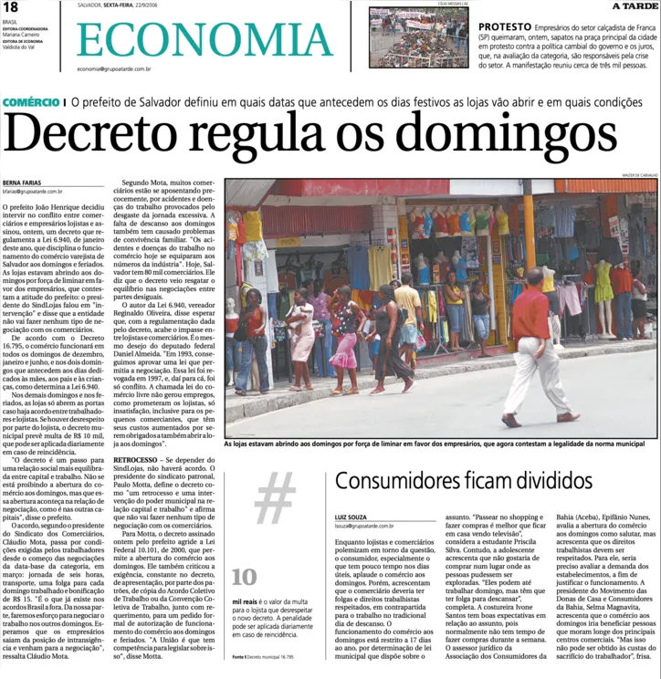 Edição do Jornal A TARDE do dia 22 de setembro de 2006 destaca o decreto que regulamentou o funcionamento do comércio aos domingos